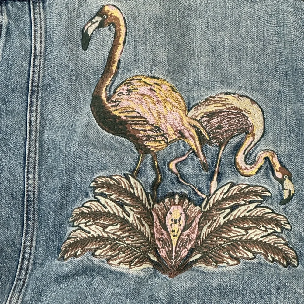 BDG Denim Jacket with Flamingo Embroidery Indie Boho Festival